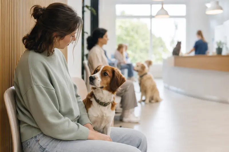 Ein Kooikerhondje sitzt ruhig neben seinem Besitzer im hellen Wartezimmer einer modernen Tierarztpraxis.